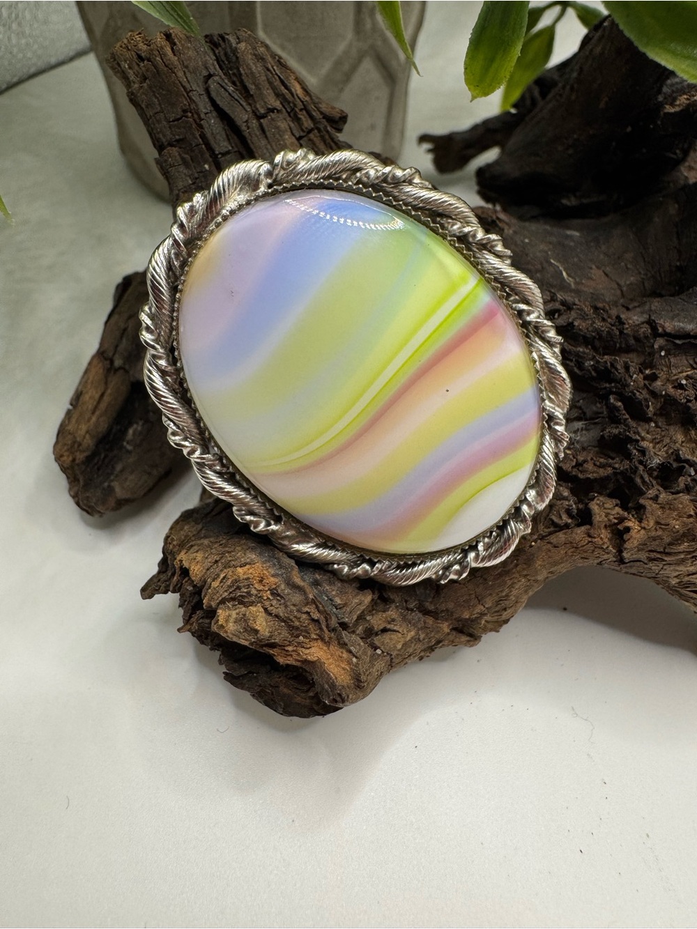 Vintage glass swirl rainbow brooch/pendant in silver-tone metal, EUC.
